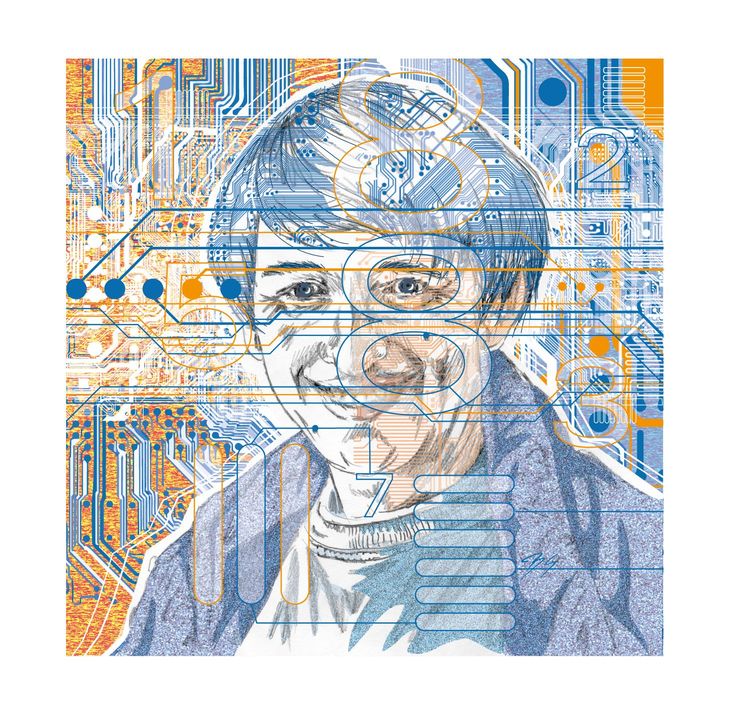 Programmierer, Computer, Schaltpan, Gesicht, Illustration, Portrait, Kopf, Techniker, Zahlen, Augen, Lächeln, Mann 