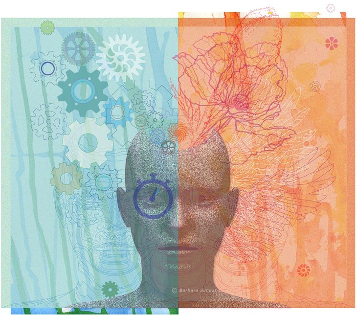 Flow, Funktionalität, Stoppuhr, Arbeitswelt, Kreativität, Kopf, Psychologie, Illustration, Blumen, Flow, Wachstum, Gesicht, Wandel, Gegensatz, digital art