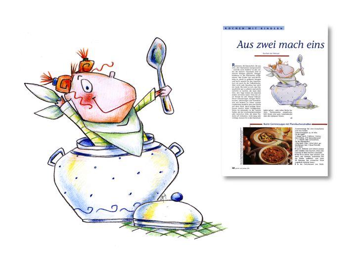 Suppe, Schüssel, Kind, Mädchen, frech, Illustration, Aquarell, Buntstifte, humorvoll, lustig, Kochen, Essen