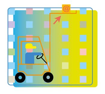 Online-Marketing, Logistik, Stapelfahrer, Pakete, Ordnung, Sortieren, System, Internet, Illustration, Vektorgrafik, Infografik, Editorial
