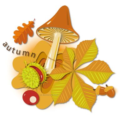 Jahreszeiten, Natur, Dekor, Pilz, Kastanie, Blätter, Laub, Eicheln, Herbst, Autumn, Collage, Illustration