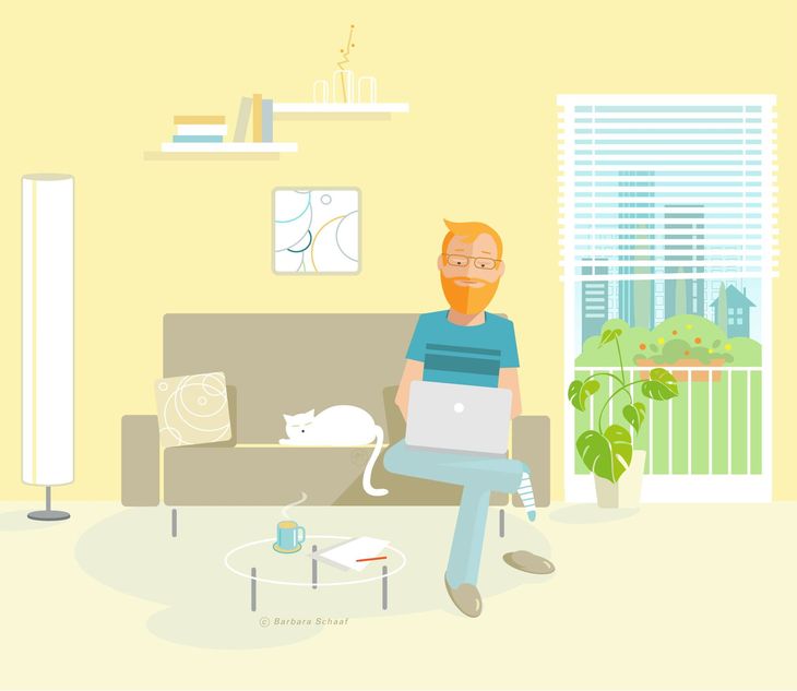 work-life-Balance, Arbeit, Mann, Sofa, Katze, homeoffice. Arbeit, business, Laptop, Wohnzimmer, Style, Ambiente, Möbel, Wohnen, modern, Erklärfilm, Charakter