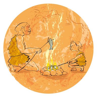 Fisch, grillen, Vater, Sohn, Neandertaler, Feuer, Steinzeit, Prähistorie, Museum, Frühgeschichte,  Illustration