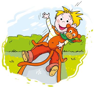 Ängste überwinden, Ermutigen, Rutschen, Spielplatz, Spielen, Mut, Junge, Kind, Stofftier, Affe, Freude, Spass
