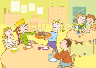 Geburtstagsfeier, Kindergarten, Kinder, Krone, Muffins, Kuchen, Mädchen, Jungen, Spielen, Behinderung, Rollstuhl