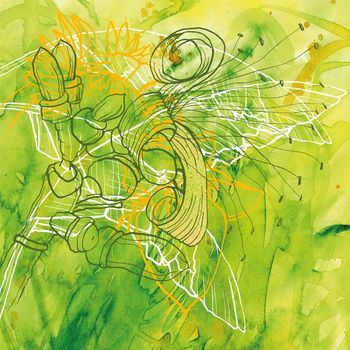 Tuschezeichnung, Illustration, Scharz-Weiss, linear, Kontur, exotische Blüte, Natur, Dschungel, Urwald, Botanik, Pflanzen, Blüte, Bananenstaude, Bananenblatt, grün, Aquarell, Tuschezeichnung, Mischtechnik