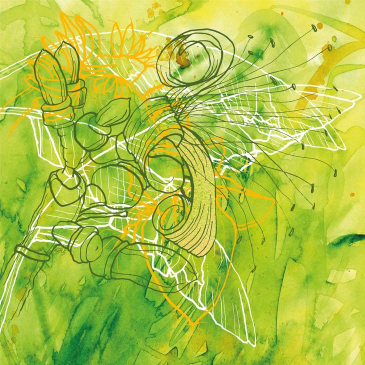 Tuschezeichnung, Illustration, Scharz-Weiss, linear, Kontur, exotische Blüte, Natur, Dschungel, Urwald, Botanik, Pflanzen, Blüte, Bananenstaude, Bananenblatt, grün, Aquarell, Tuschezeichnung, Mischtechnik