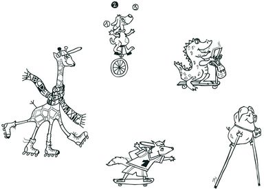 Ausmalen, Illustration, lustige Tierparade, Giraffe, Rollschuhe, Inlineskater, Hund, Einrad, Krokodil, Tretroller, Fuchs, Skateboard, Schwein,Stelzen, Konturzeichnung, Schwarz-Weiss, Humor, Comic, Charakterdesign, Figuren, Kinder, Schule, Spielen, Jongieren, Bewegung, Sport