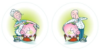 Sparen, Geld, Vermögen, Sparschwein, Alters-Vorsorge, Reichtum, Armut, Illustration, Charaktere, Typus, Mann, Frau, Rente