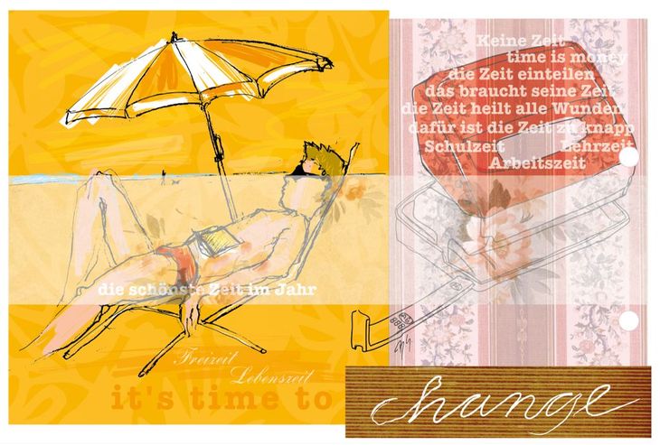 Urlaub, Burnout, business, Strand, Urlaub, Liegestuhl, Arbeit, lebenszeit, Zeit, Erschöfung, Erholung, Büro, Buch, Collage, Tuschezeichnung, Aquarell