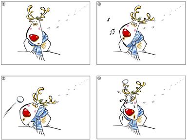 Rentier, Schnee, Weihnachten, e-card, Animation, bank, Schneeball, Schal, rote Nase