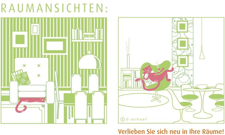 Innenarchitektur, Raumgestaltung, Zimmer, Möbel, Erklärbild, grafische Illustration, Katze, Sekt, Sessel, Tisch, Stühle, Tapete, Wohnzimmer, 