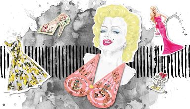 Collage, Frauengeschichte Portrait, Beistiftzeichnung, Illustration, Mode, Barbie, mini-Mouse, Merilyn Monroe, Sexsymbol