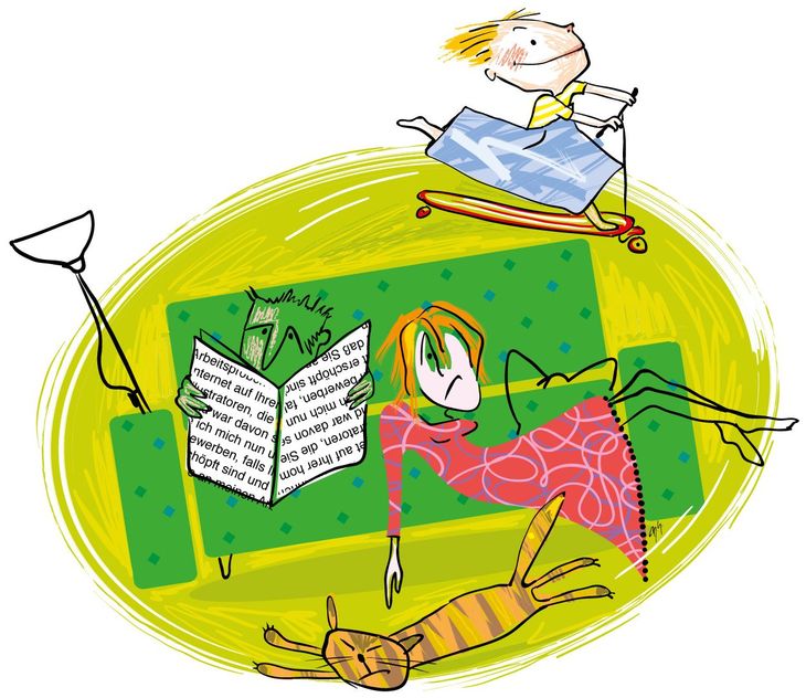 Familie, Tatgeber, Vater, Mutter, Sohn, Buchcover, Kind, Erziehung, katze, Sofa, Lampe , Zeitung, Überforderung, Kinderfrage, Roller, Familie, Welt erklären, Elternstress