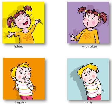 Junge, Mädchen, Charaktere, Gefühle, lachend, erschrocken, ängstlich, traurig, Memory, Kartenspiel, Spielen, Familie, Kleinkinder