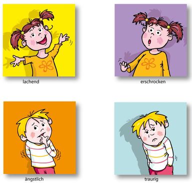 Junge, Mädchen, Charaktere, Gefühle, lachend, erschrocken, ängstlich, traurig, Memory, Kartenspiel, Spielen, Familie, Kleinkinder