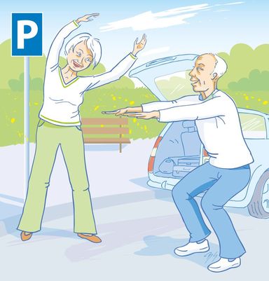 Auto, parkplatz, Lockerunsübungen, steif, Fitness, Pause, Kniebeuge, Strecken