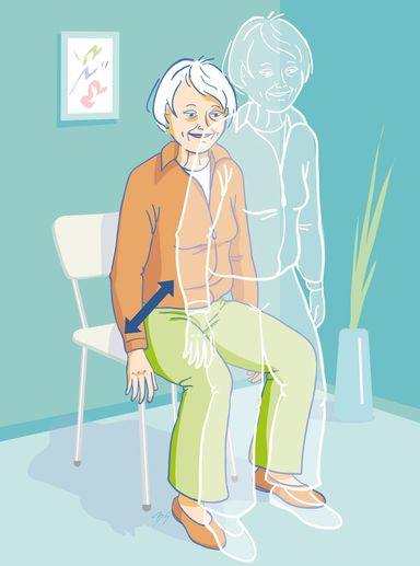 Körperkraft, Muskelstärkung, Stehen, Gleichgewicht, Stuhl, Seniorin, Alter, Stürzen, Hinsetzen, Gymnastik, Sport, Behinderung