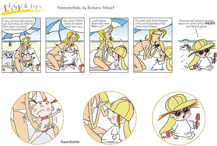 Sonnenschutz, Sonnenmilch, Eincremen, Sonnenbrille und Sonnenschutzkleidung, Sonne, Sonnenbrand, Familie, Umwelt, Hautkrebs, Strand, Mütze, Sonnenschirm, Mutter, Mädchen, Comic, Humor, Zeichhnung, Story