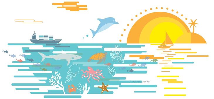 Umwelt, Ozean, Untereasserwelt, Fische, Meeresbiologie, Schiff, Sonnenuntergang, Insel, Palme, Delphin, Tiefsee, Artensterben, Ökologie, Fische, Korallen, Illustration, Vektorgrafik, Infografik