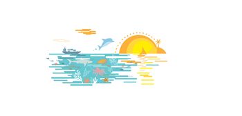 Umwelt, Ozean, Untereasserwelt, Fische, Meeresbiologie, Schiff, Sonnenuntergang, Insel, Palme, Delphin, Tiefsee, Artensterben, Ökologie, Fische, Korallen, Illustration, Vektorgrafik, Infografik