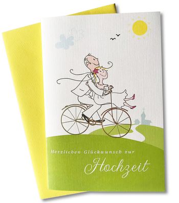 Hochzeit, Brautpaar, Kirche, Farrad, Sonne, Illustration, Strichzeichnung, Karte, Papeterie