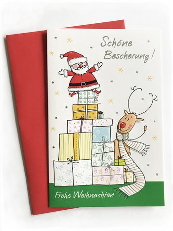 Weihnachtskarte, rentier, Weihnachtmann, Geschenke, Bescherung, Illustration, Papeterie, Prägung, Sterne, Humor, Strichzeichnung
