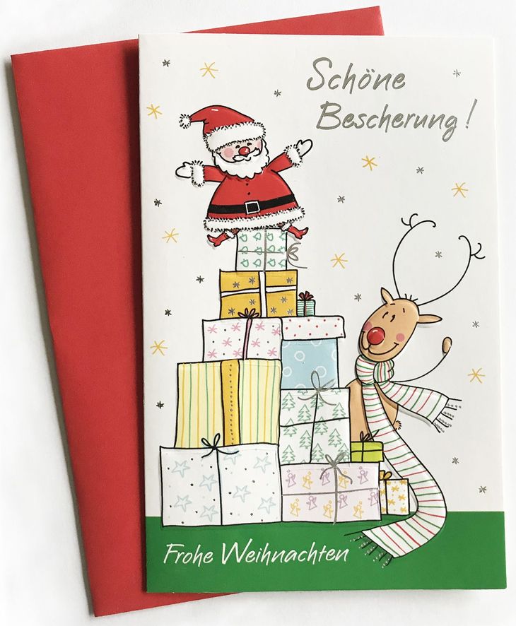 Weihnachtskarte, rentier, Weihnachtmann, Geschenke, Bescherung, Illustration, Papeterie, Prägung, Sterne, Humor, Strichzeichnung