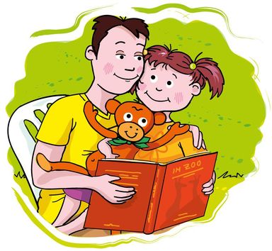 Vater, Tochter, Familie, Lesen, Bilderbuch, Stofftier, Affe, Mädchen, mann, Illustration
