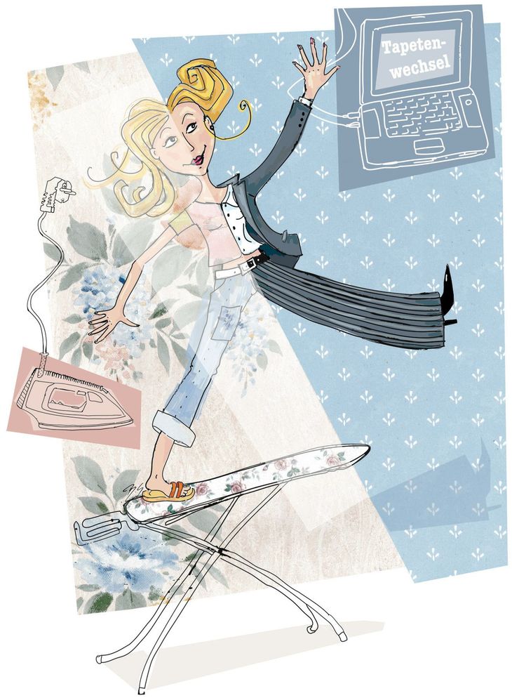 Emanzipation, Tapetenwechsel. Colagestil, Illustration , Frau, hausfrau, Büroarbeit, Bügelbrett, Bügeleisen, Laptop