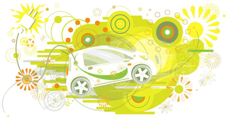 e-car, Umwelt, Energie, Ökologie, Strom, Auto, grün, Zukunft, future, Nachhaltigkeit, Vektor-Illustration, Natur, Technik, Mobilität, Blumenmuster, Flower, grafisch, Style, Verkehr