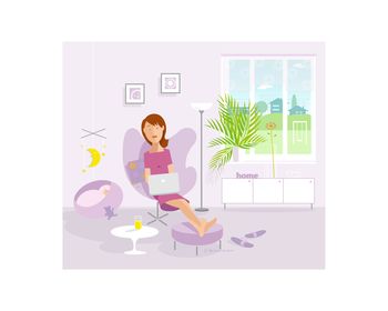 Vektorgrafik, Illustration, Haus, Wohnzimmer, homeoffice, bisuness, Familie, Frau, Mutter, Arbeit, Laptop, Erklärfilm, Interior, Wohnen, Möbel