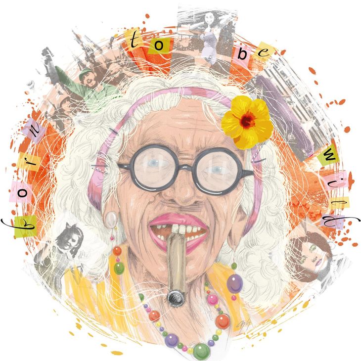 Kuba, Frau, Seniorin, Hippie, Cigarre, Havanna, Brille, Blume, Historie, Collage, Lebensgeschichte, Biografie, Che Guevara, Lebensfreude, Alter, cool
