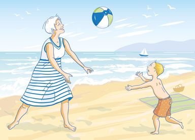 Grossmutter, ballspielen, Meereslandschaft, Strand, Junge, Kind, Sommer, Bewegung, Fitness, Senioren, Urlaub, Freizeit, Spielen, Sport, Familie