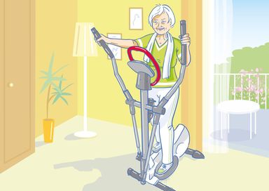Crosstrainer, Seniorin, Alter, mobil, fit, beweglich, 50plus Generation, laufen, Trainig, Körper, zuhause, Sport, Sportgerät