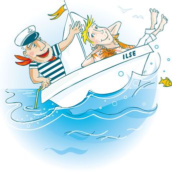 Probefahrt, Wasser, See, Fisch, Relaxen, Bootsfahrt, Segelboot, Verhandlung, Verkauf, Seemann, Matrose, Segelschiff, Vektor-Illustration, Humor, Geld, Gebot