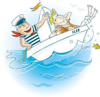 Probefahrt, Wasser, See, Fisch, Relaxen, Bootsfahrt, Segelboot, Verhandlung, Verkauf, Seemann, Matrose, Segelschiff, Vektor-Illustration, Humor, Geld, Gebot