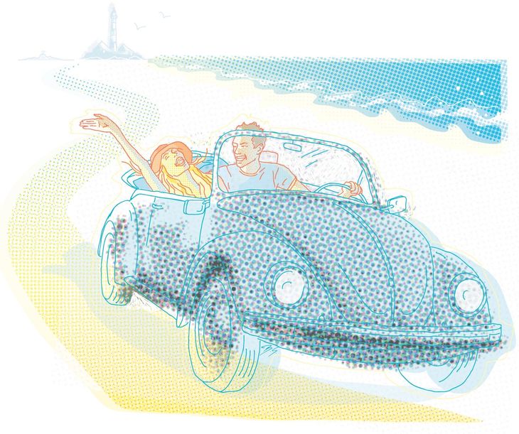 Sommer, Strand, Ferien, Urlaub, Liebespaar, VW Käfer, Capriolet, Strand, Leuchtturm, Meer, Freiheit, Sommer, Freizeit, Weite, Landschaft, Reise, Auto