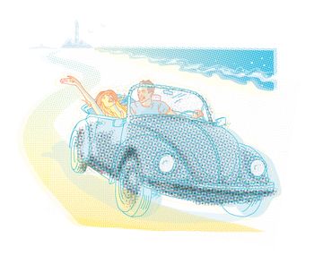 Sommer, Strand, Ferien, Urlaub, Liebespaar, VW Käfer, Capriolet, Strand, Leuchtturm, Meer, Freiheit, Sommer, Freizeit, Weite, Landschaft, Reise, Auto