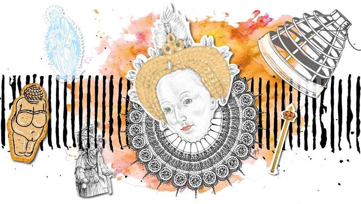 Königin, England, Maria Stuart, Frauengeschichte, Historie, Portrait, Bleistiftzeichnung, illustration, Aquarell, hexe, Reifrock, Zepter,Collage