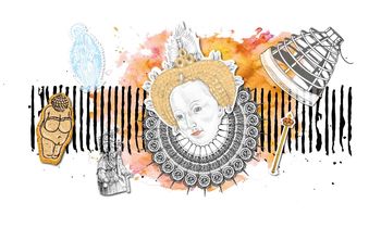 Königin, England, Maria Stuart, Frauengeschichte, Historie, Portrait, Bleistiftzeichnung, illustration, Aquarell, hexe, Reifrock, Zepter,Collage