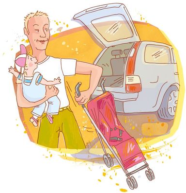 Kinderwagen, Baby, Mann, Vater, Kind, Auto, Kombiwagen, mobil