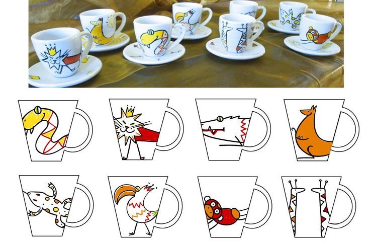 Strichzeichnung, Illustration, Espressotassen, dekore, Porzelan, Känguruh, Affe, Echse, Krokodiel, Giraffe, Schlange, Tiere