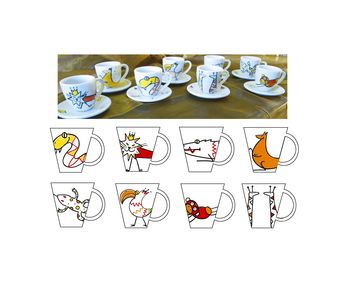 Strichzeichnung, Illustration, Espressotassen, dekore, Porzelan, Känguruh, Affe, Echse, Krokodiel, Giraffe, Schlange, Tiere