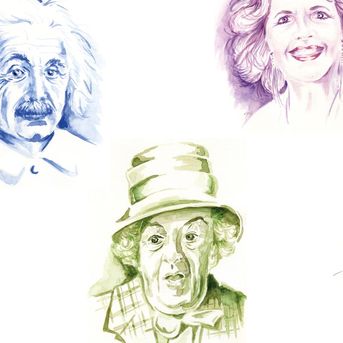 Portrait, Mann, Frau, Albert Einstein, Naturwissenschat, Physik, Schauspiel, Margaret Rutherford, Michaela May, Modedesign, Karl Lagerfeld, Aquarell, Gesicht, Prominente