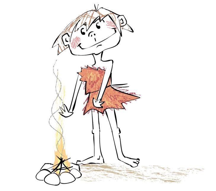 Museum, Frühgeschichte, Prähistorie, Steinzeit, unisex, geschlechtsneutral, Kind, Feuer, Charakter, Figur, Illustration