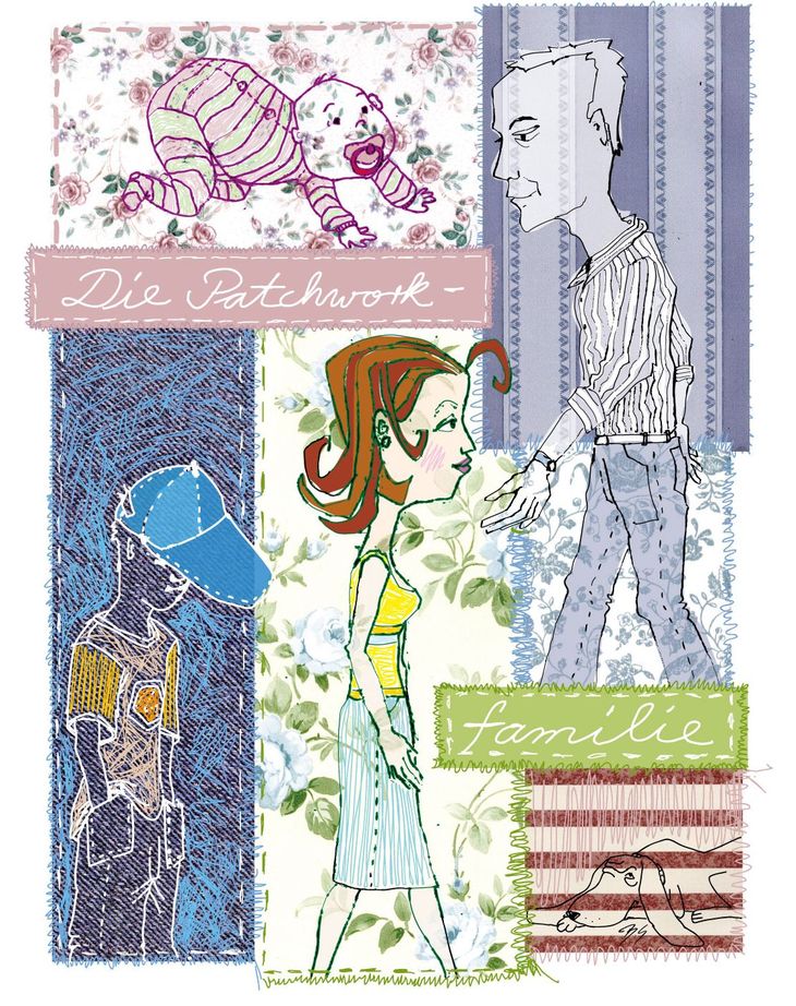 Stoffcollage, Patchworkfamilie, Stoff, Collage, Hund, Sohn, Kind, Baby, Mutter, Vater, Konflikt, Illustration