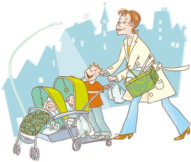 Kinderwagen, Baby, Frau, Mutter, Kinder, Grossfamilie, Stadt, Strasse, Häuser, Laterne, Kirchturm, City, Einkaufskorb