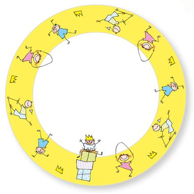 Kindergeburtstag, Porzelan, Teller, Party, Kinder, Geschenke, Krone, König, Tanzen, Kopfstand, Humor, Strichzeichnung, Illustration