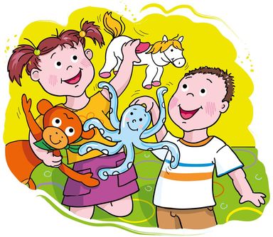 Spielen, Phantasie, Kinder, Spielsachen, Stofftier, Tintenfisch, Affe, Pferd, Mädechen, Junge, Tiere